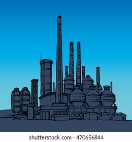 Modern heavy technical catalyst powerhouse rig mainstay building. Environment pollute, ecology concept symbol. Doodle ink drawn background sketch in retro style with space for text on night blue sky