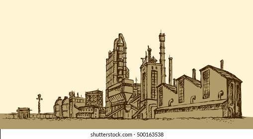 Modern heavy technical catalyst powerhouse rig mainstay building. Environment pollute, ecology concept symbol. Doodle freehand ink drawn background sketch in art retro style with space for text on sky