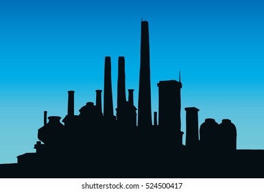 Modern heavy technical catalyst powerhouse rig mainstay building. Environment pollute, ecology concept symbol. Doodle ink drawn background sketch in retro style with space for text on night blue sky