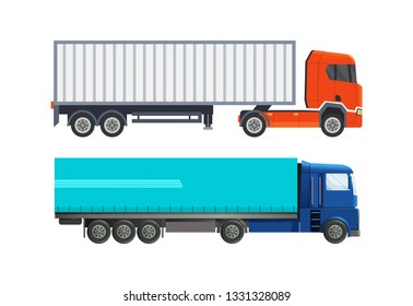 Modern heavy-duty cars, trucks, van, refrigerator for the delivery of mail and cargo. Worldwide delivery, courier service, logistics, delivery on a large truck with covered awning vector illustration