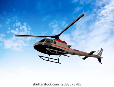 Modern helicopter flying in a cloudy sky, representing air transportation, travel, and rescue services