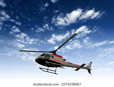 Modern helicopter flying high in beautiful cloudy sky, air transportation concept