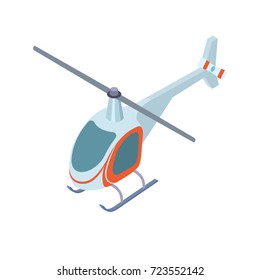 Modern helicopter with small pilots cabin isolated cartoon flat vector illustration on white background. Fast aircraft with long tail.