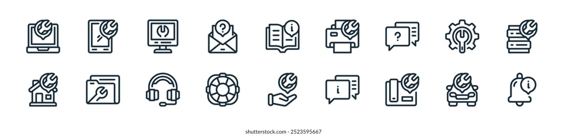 modern help and support icon pack. perfect for linear ui designs featuring vector notice, car, phone, information, give, lifebuoy, headphone and more icons for mobile and web apps.