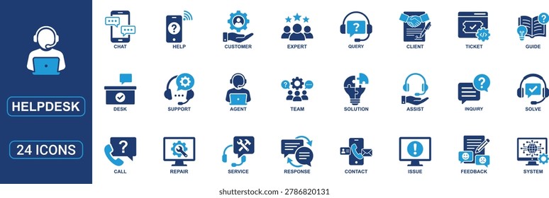 Modern helpdesk icon set in solid dual color glyph style designed for customer support, technical assistance, and service management projects. Includes support agent, chat, call, inquiry, ticket system, feedback, response, repair, customer assistance, contact, troubleshooting, and problem solving symbols. Perfect for SaaS platforms, CRM software, business dashboards, apps, websites, and communication systems.