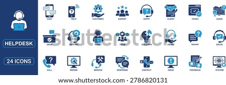 Modern helpdesk icon set in solid dual color glyph style designed for customer support, technical assistance, and service management projects. Includes support agent, chat, call, inquiry, ticket system, feedback, response, repair, customer assistance, contact, troubleshooting, and problem solving symbols. Perfect for SaaS platforms, CRM software, business dashboards, apps, websites, and communication systems.