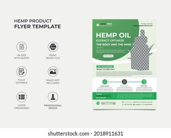 modern hemp product flyer template design with a bottle image placement, eye catchy green gradient used in the design. well organized, fully editable. vector a4 size, eps 10 version.