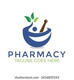 Diseño moderno del logotipo de la farmacia herbaria – mortero y pedestal con el símbolo de la hoja