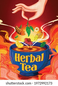 Modern herbal tea mix turmeric peppermint ginger lemon flower geometric vector graphic shape illustration typography 