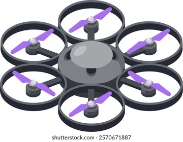 Modern hexacopter drone with six purple propellers spinning, hovering in the air, providing aerial photography and videography capabilities for various applications