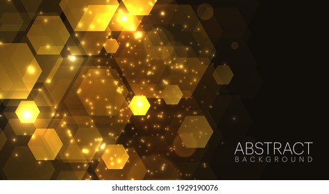Modern hexagon background with abstract hexagon golden glitter bokeh lights and sparkles. vector illustration.