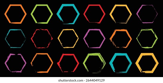 Modern hexagon design set featuring vivid colored and outlined six-sided shapes for geometric artwork, print design, and branding compositions.

