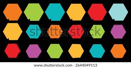 Modern hexagon design set featuring vivid colored and outlined six-sided shapes for geometric artwork, print design, and branding compositions.

