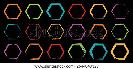 Modern hexagon design set featuring vivid colored and outlined six-sided shapes for geometric artwork, print design, and branding compositions.


