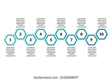 Infográfico Hexágono Moderno: 10 Opções com Ícones, Ideal para Diagramas de Fluxo de Trabalho, Web Design, Apresentações de Marketing e Análise de Dados.