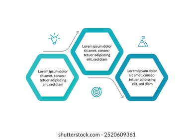 Infografía moderna del hexágono: 3 opciones con iconos, ideal para diagramas de flujo de trabajo, Diseño web, presentaciones de marketing y análisis de datos.