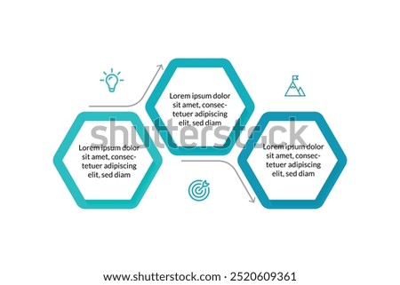 Modern Hexagon Infographic: 3 Options with Icons, Ideal for Workflow Diagrams, Web Design, Marketing Presentations, and Data Analysis.