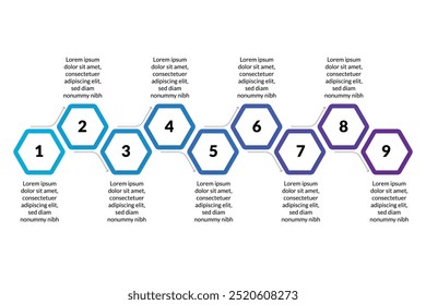 Infográfico Hexágono Moderno: 9 Opções com Ícones, Ideal para Diagramas de Fluxo de Trabalho, Web Design, Apresentações de Marketing e Análise de Dados.