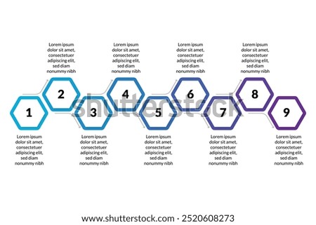 Modern Hexagon Infographic: 9 Options with Icons, Ideal for Workflow Diagrams, Web Design, Marketing Presentations, and Data Analysis.