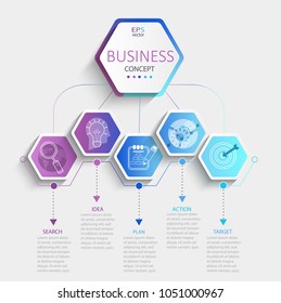 Modern hexagon infographic with business timeline data visualization.Diagram with 5 steps,options,parts and processes.Template for presentation,workflow layout,banner,flowchart.Vector illustration.