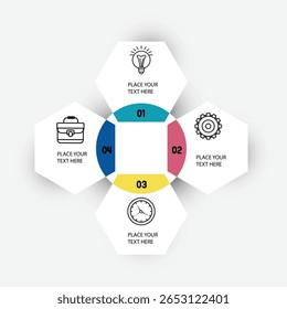 Modelo de infográfico hexágono moderno 4 opções para layout de fluxo de trabalho, diagrama