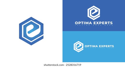 Modern hexagon initial vector letter EO or OE logo in blue color isolated on multiple background colors. The logo is suitable for HR recruitment logo design inspiration templates.