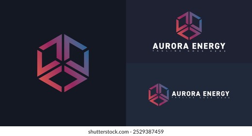 Modern hexagon initial vector letter AE or EA logo in gradient colors isolated on multiple background colors. The logo is suitable for oil and gas industry logo design inspiration templates.