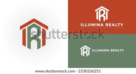 Modern hexagon initial vector letter IR or RI logo in green-red color isolated on multiple background colors. The logo is suitable for real estate company logo design inspiration templates.