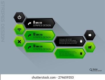 Modern hexagon layout with black and green vector buttons.