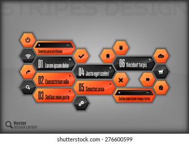Modern hexagon layout. Black and orange vector design.