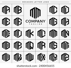 Modern hexagon letter M MM logo design set