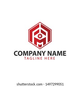 modern hexagon logo with engineering symbol in the center