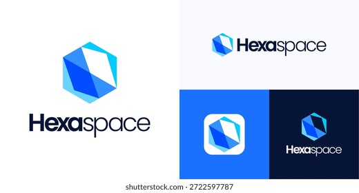 Hexágono moderno con Formas de color plano superpuestas, Ilustración vectorial de diseño de ícono de logotipo, polígono geométrico de símbolo creativo, espacio negativo, aspecto futurista limpio para la tecnología, negocio de identidad de marca