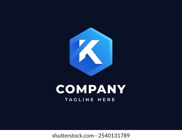 Forma hexagonal moderna en el concepto de diseño del logotipo de la letra K. Letra inicial K con diseño de logotipo de forma hexagonal. Símbolo geométrico hexagonal para la identidad empresarial Corporativa. Ilustración del logotipo del Vector del alfabeto