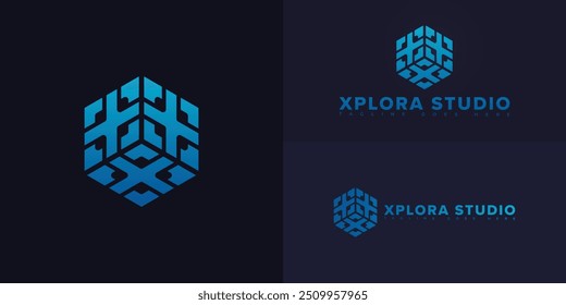 Modern hexagon vector initial letter XS or SX in blue color isolated on multiple background colors. The logo is suitable for venture studio logo design inspiration templates.