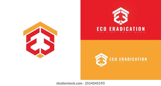 Modern hexagon vector initial letter E or EE logo in red-orange color isolated on multiple background colors. The logo is suitable for pest company logo design inspiration templates.