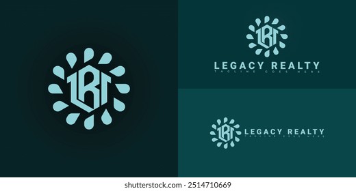 Logo inicial do vetor hexágono moderno LR ou RL na cor azul isolado em várias cores de fundo. O logotipo é adequado para inspiração de design de logotipo de negócios do serviço de licenciamento imobiliário