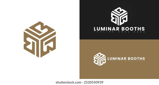 Modern hexagon vector initial letter LB or BL logo in gold color isolated on multiple background colors. The logo is suitable for renting photo booth logo design inspiration templates.