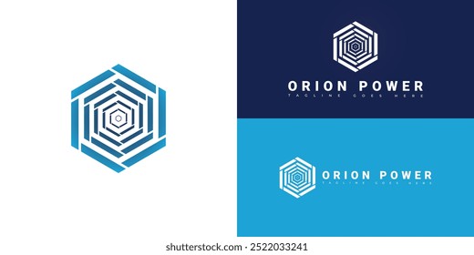 Modern hexagon vector initial letter OP or PO logo in blue color isolated on multiple background colors. The logo is suitable for AI technology company logo design inspiration templates.