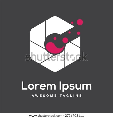 A modern hexagonal logo resembling a camera aperture, with vibrant pink particles emanating, suggesting innovation and data flow.