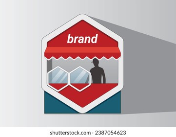 Modern Hexagonal Mini Shop design front view in colour Red, White and Dark Blue, vector illustration isolated, eps