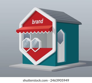Modern Hexagonal Mini Shop design 3d view in Red, White and Dark Blue_Vector illustration isolated, eps