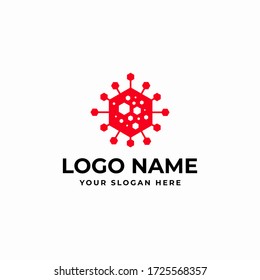Modelo de diseño vectorial de diseño del logotipo del virus de la corona covid-19 en el escudo hexagonal moderno. Covid 19 diseño de iconos para identidad empresarial o corporativa.