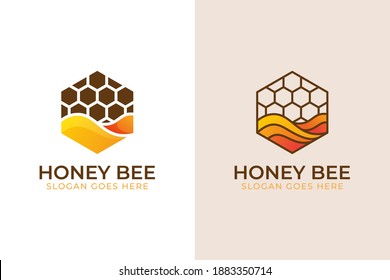hexagonal moderno con el logotipo de la abeja dulce, etiquetas de miel, productos, símbolo dulce de comida dos versiones