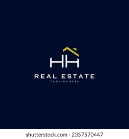 modern HH letter real estate logo in linear style with simple roof building in blue