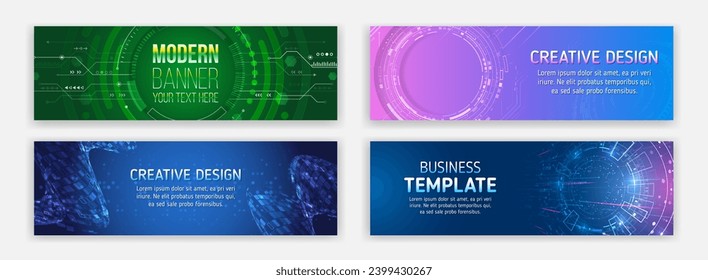 Modern hi tech horizontal banner templates. Abstract banner on the theme of data protection, cyber security, science, data array. Futuristic digital communication background. Blue Technology cover.