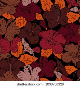 Modern hibiscus flower pattern with royal hibiscus. Colored orient pattern in brown, red and black colors. Seamless floral ornament.