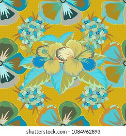 Modern hibiscus flower pattern with royal hibiscus. Colored orient pattern in blue and yellow colors. Seamless floral ornament.