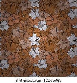 Modern hibiscus flower pattern with royal hibiscus. Colored orient pattern in beige and brown colors. Seamless floral ornament.
