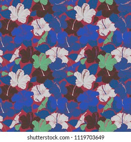 Modern hibiscus flower pattern with royal hibiscus. Colored orient pattern in red, gray and blue colors. Seamless floral ornament.